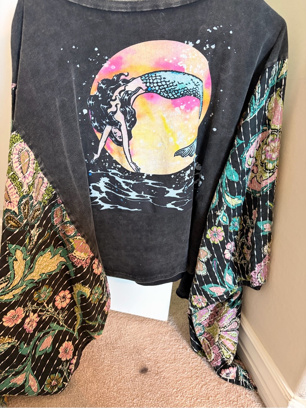 Blue Velvet Poncho Black Tee with Pink Panel